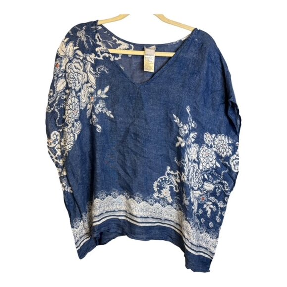 Chico's Poncho Women's Size Small/Medium Linen Floral Blue White - Picture 1 of 3